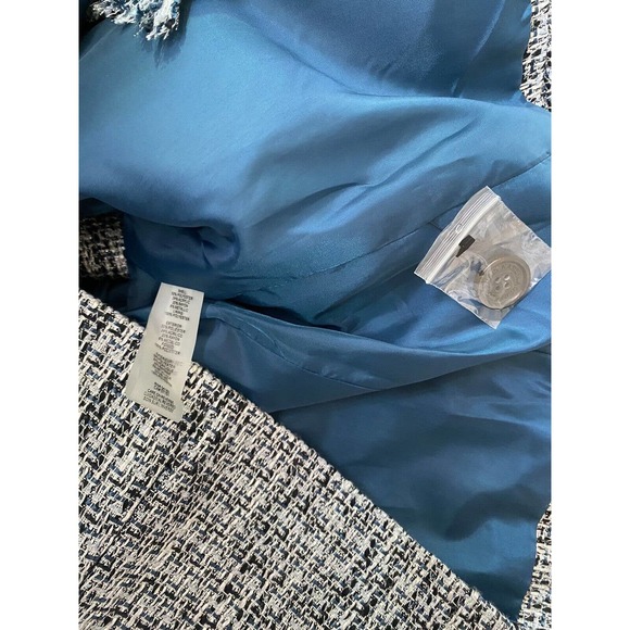 NWOT Karl Lagerfeld Fringe Trim Tweed Blazer Jacket Metallic Blue Two Bu… - Picture 9 of 12